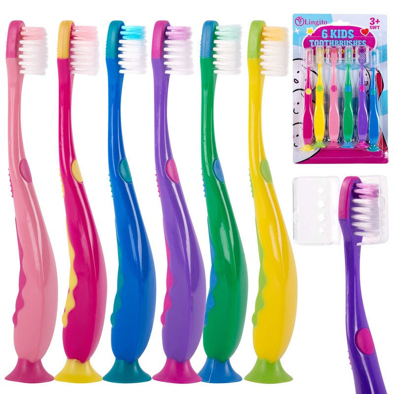 Lingito Kids Toothbrush Suction Cup with Covers, Toddler Toothbrush Soft Bristles, Child Toothbrush Suction Cups For Easy Access, Toddler Toothbrushes Handles Perfect For Tiny Hands of Boys and Girls (6 Pack) - Image 1